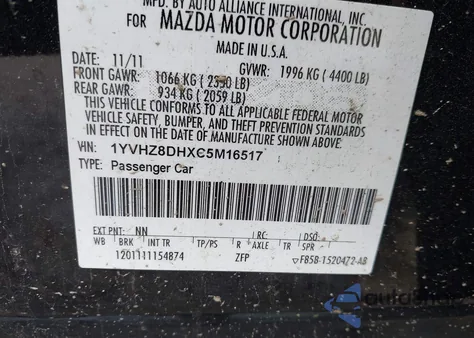 2012 Mazda 6 I из США, поврежденный, VIN 1YVHZ8DHXC5M16517